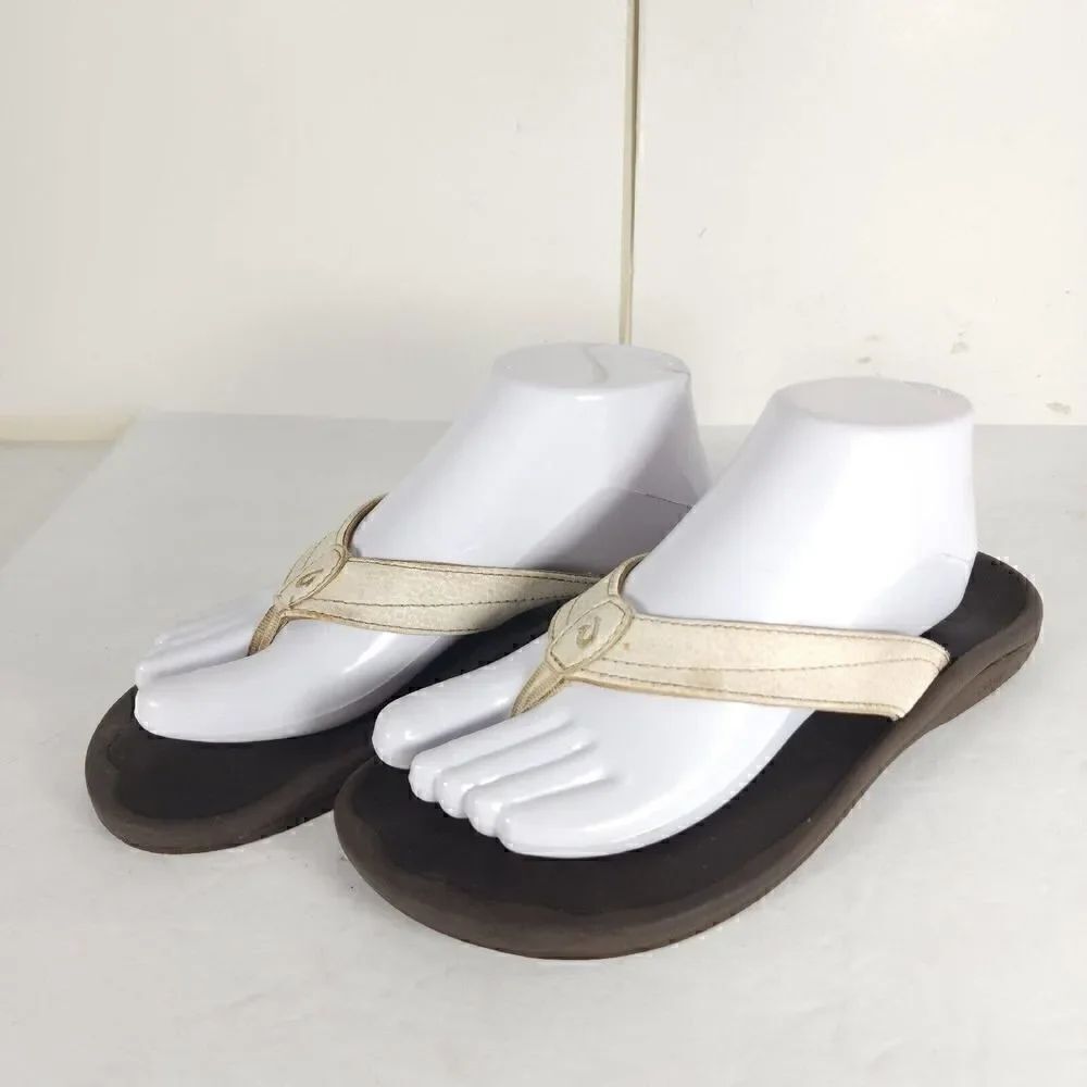 Olukai Women's Ohana Size US 8 White Brown Thong Flip Flop Sandals Shoes